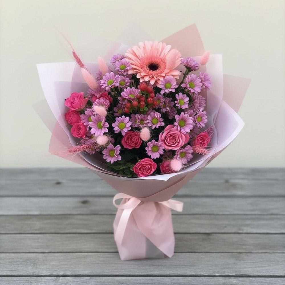 Букет цветов из: Розы, Герберы и Хризантемы в Кулотино