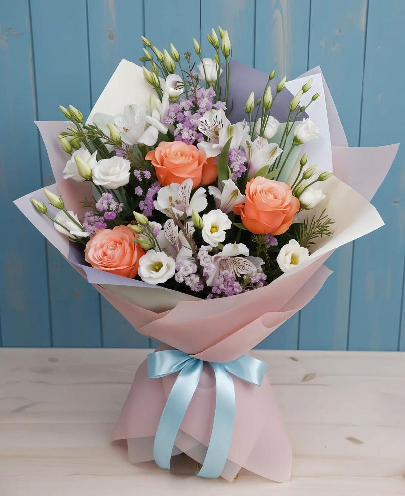 Букет цветов из: Лизиантусы, Розы, Альстромерии и Гипсофила в Кулотино