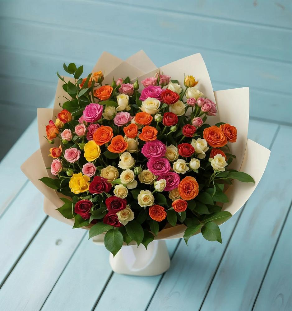 Букет Микс из разноцветных кустовых роз в Кулотино